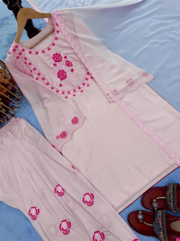 Buy Pure Natural Crepe Embroidered Top with Farshi Palazzo & Dupatta Set - Image 10