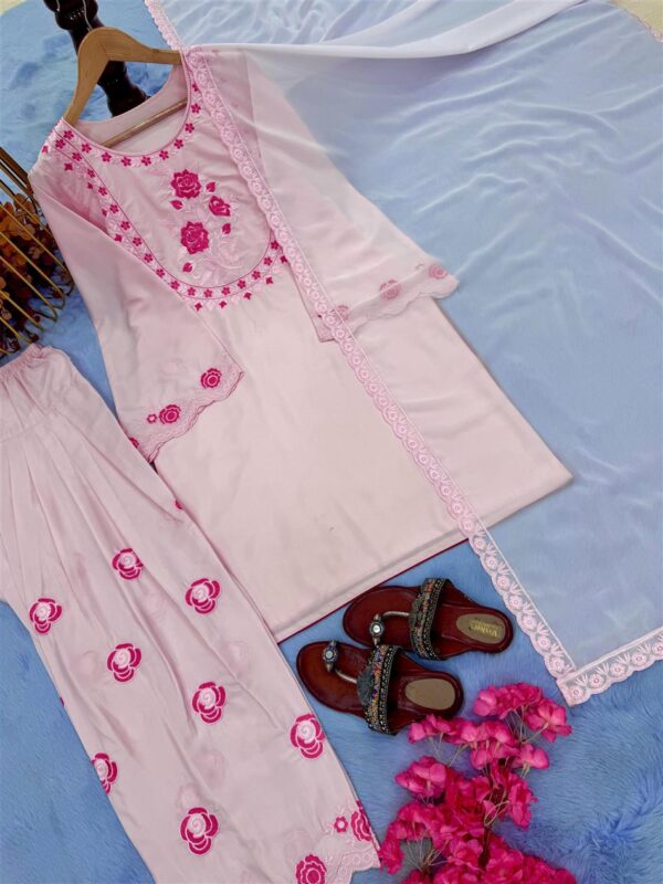 Buy Pure Natural Crepe Embroidered Top with Farshi Palazzo & Dupatta Set - Image 11