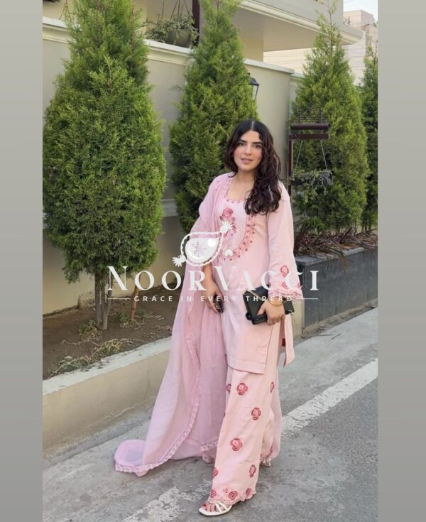 Buy Pure Natural Crepe Embroidered Top with Farshi Palazzo & Dupatta Set - Image 8