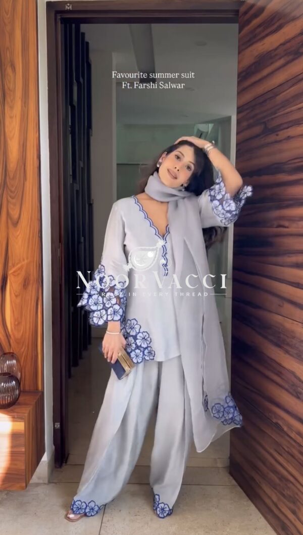 Buy Pure Natural Crepe Embroidered Cutwork Top with Farshi Palazzo & Organza Dupatta - Image 2
