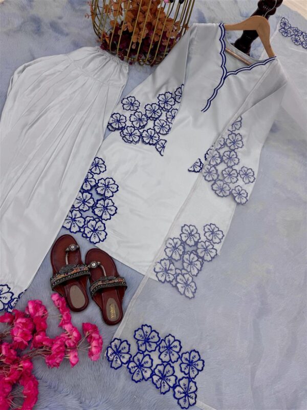 Buy Pure Natural Crepe Embroidered Cutwork Top with Farshi Palazzo & Organza Dupatta - Image 8