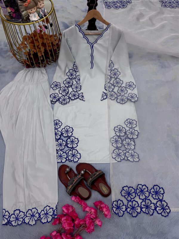 Buy Pure Natural Crepe Embroidered Cutwork Top with Farshi Palazzo & Organza Dupatta - Image 11