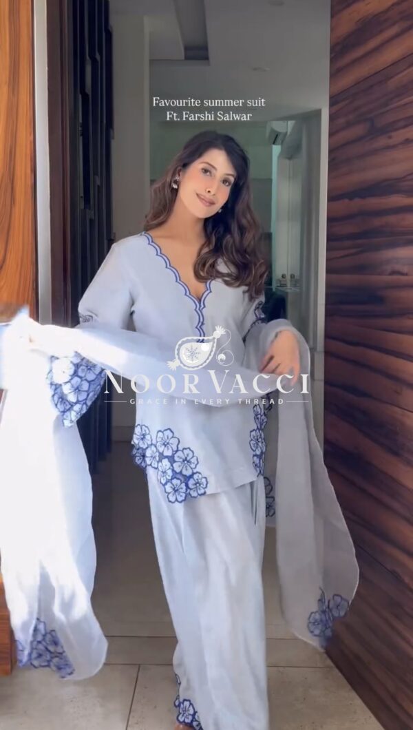 Buy Pure Natural Crepe Embroidered Cutwork Top with Farshi Palazzo & Organza Dupatta - Image 3