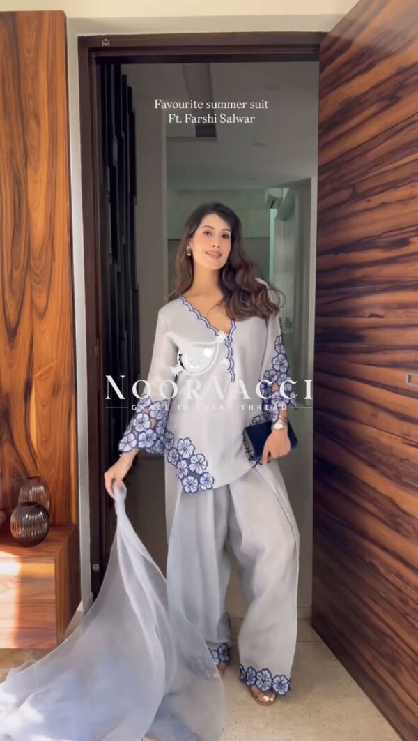 Buy Pure Natural Crepe Embroidered Cutwork Top with Farshi Palazzo & Organza Dupatta - Image 5