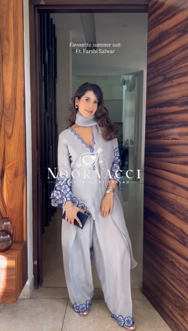 Buy Pure Natural Crepe Embroidered Cutwork Top with Farshi Palazzo & Organza Dupatta - Image 7