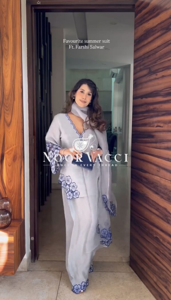 Buy Pure Natural Crepe Embroidered Cutwork Top with Farshi Palazzo & Organza Dupatta