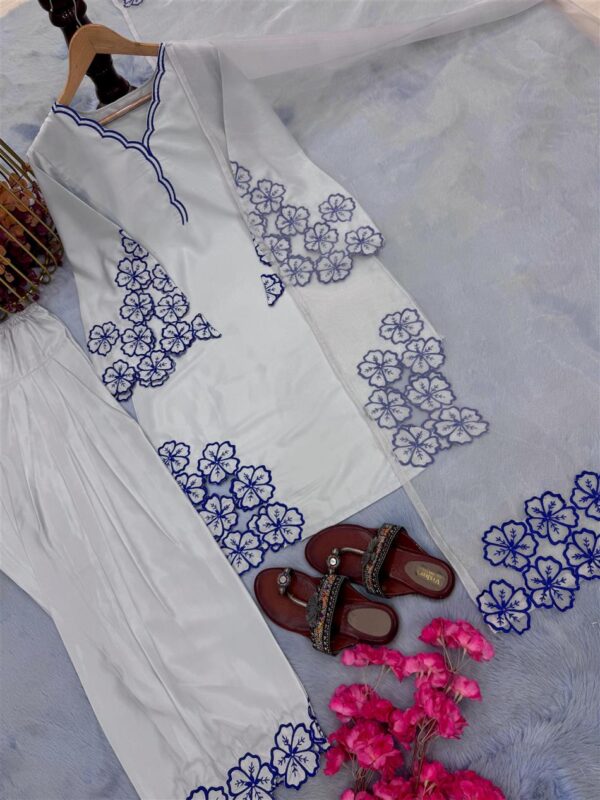 Buy Pure Natural Crepe Embroidered Cutwork Top with Farshi Palazzo & Organza Dupatta - Image 10
