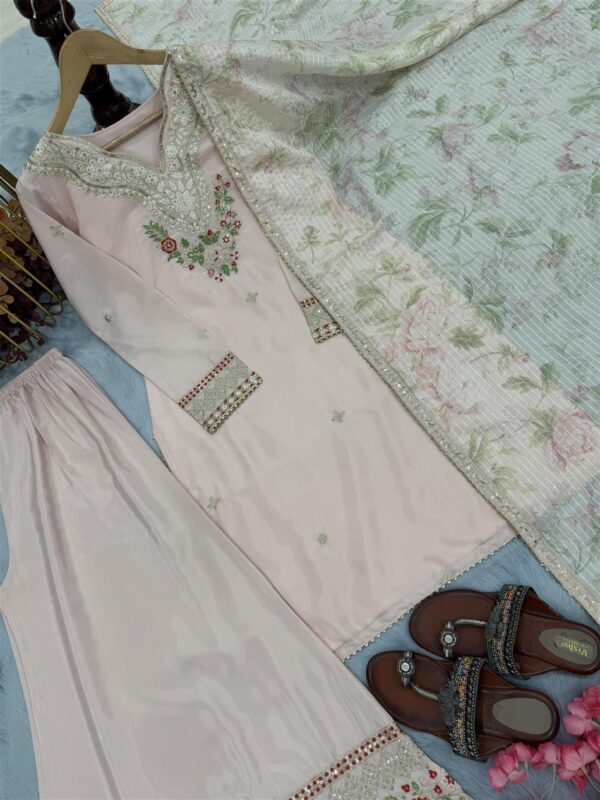 Buy Pure Natural Crepe Embroidered Palazzo Set with Chinon Silk Digital Print Dupatta - Image 13