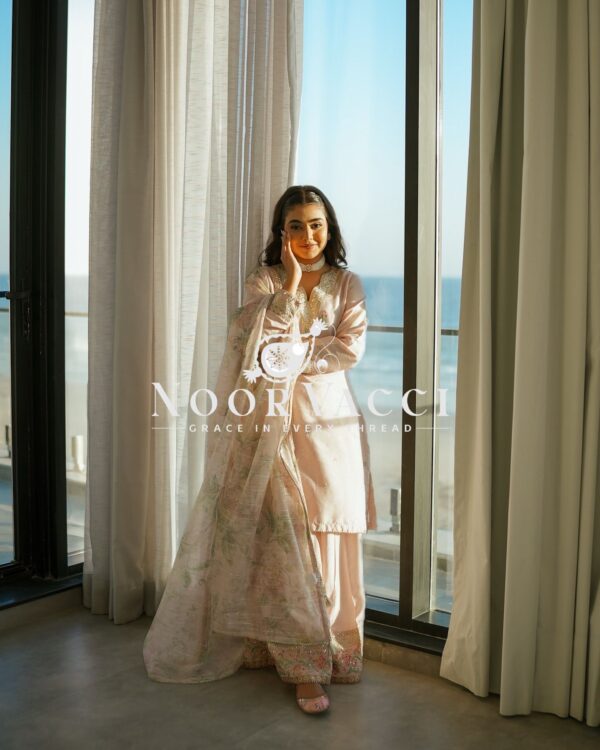 Buy Pure Natural Crepe Embroidered Palazzo Set with Chinon Silk Digital Print Dupatta - Image 3