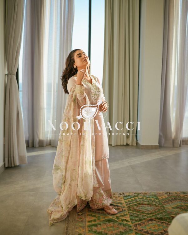 Buy Pure Natural Crepe Embroidered Palazzo Set with Chinon Silk Digital Print Dupatta - Image 6