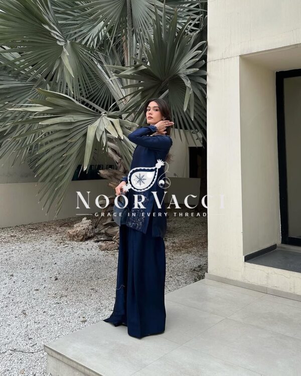 Shop Natural Crepe Silk Embroidered Suit Set with Farshi Pant & Dupatta - Image 3