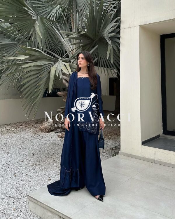 Shop Natural Crepe Silk Embroidered Suit Set with Farshi Pant & Dupatta - Image 4