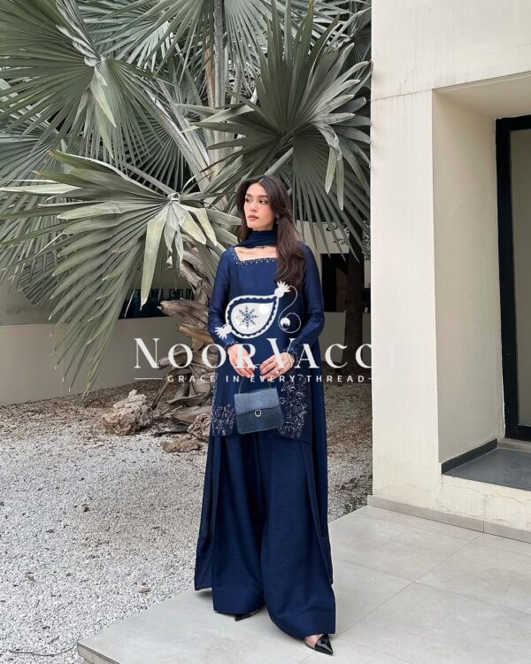 Shop Natural Crepe Silk Embroidered Suit Set with Farshi Pant & Dupatta - Image 5