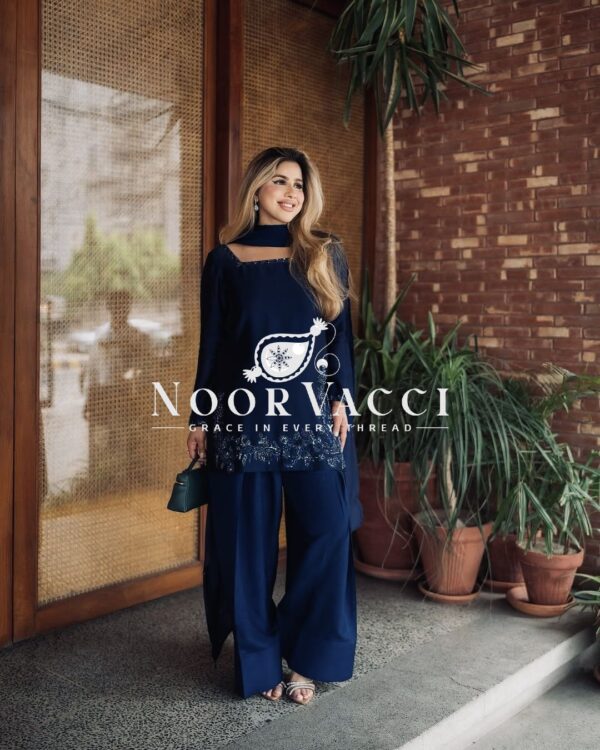 Shop Natural Crepe Silk Embroidered Suit Set with Farshi Pant & Dupatta - Image 6