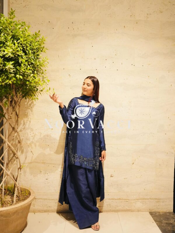 Shop Natural Crepe Silk Embroidered Suit Set with Farshi Pant & Dupatta - Image 7