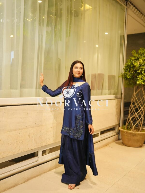 Shop Natural Crepe Silk Embroidered Suit Set with Farshi Pant & Dupatta - Image 8