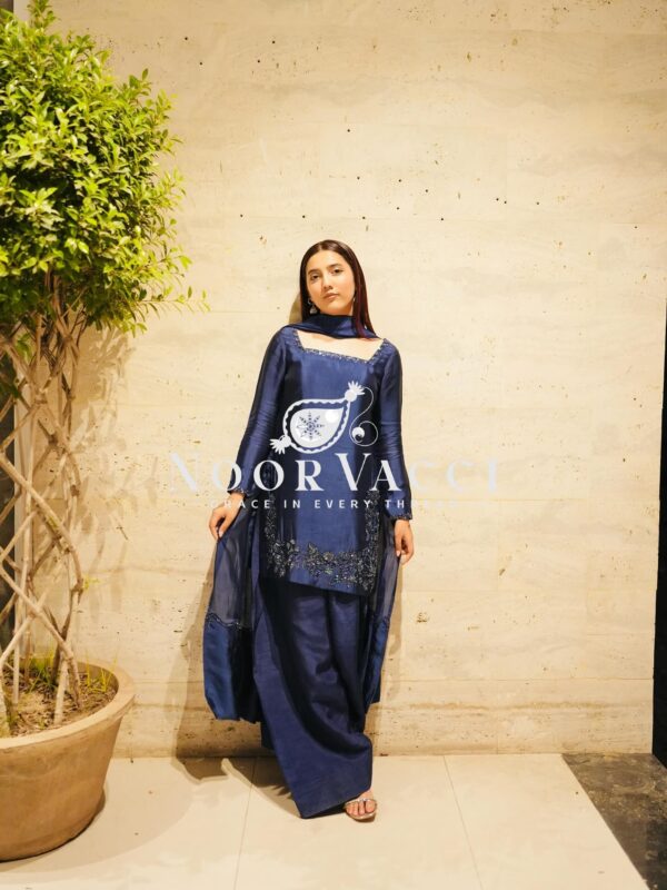 Shop Natural Crepe Silk Embroidered Suit Set with Farshi Pant & Dupatta - Image 9