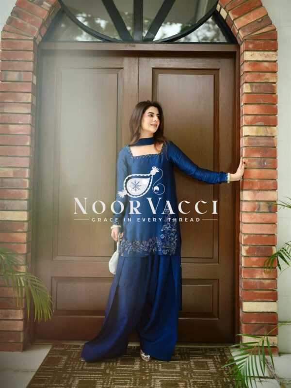 Shop Natural Crepe Silk Embroidered Suit Set with Farshi Pant & Dupatta - Image 11