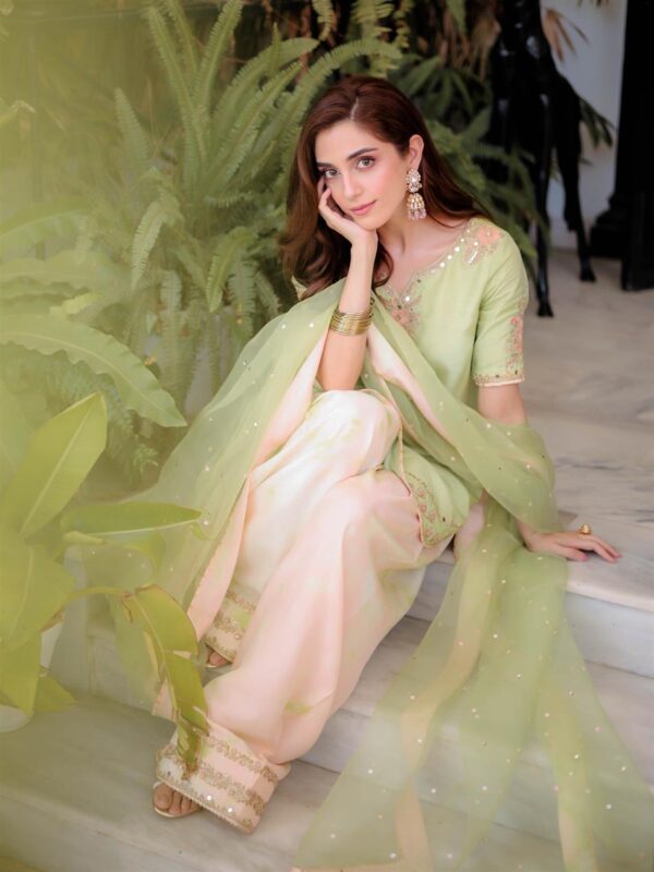 Buy Natural Crepe Embroidered Top with Farshi Palazzo & Organza Dupatta Set - Image 4