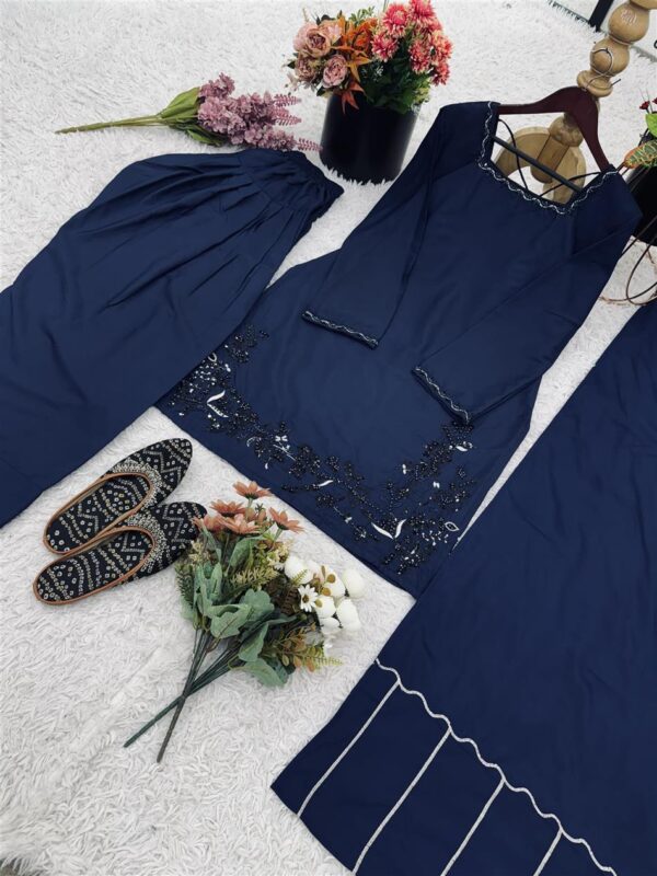 Shop Natural Crepe Silk Embroidered Suit Set with Farshi Pant & Dupatta - Image 14