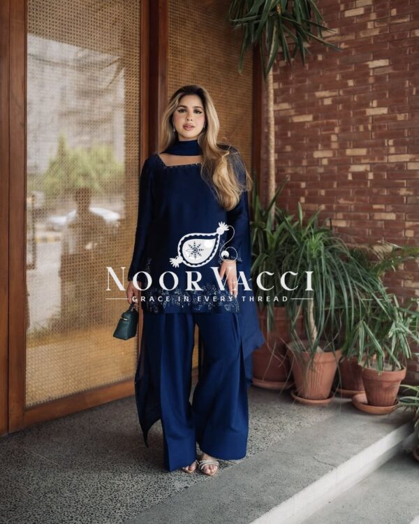 Shop Natural Crepe Silk Embroidered Suit Set with Farshi Pant & Dupatta - Image 12