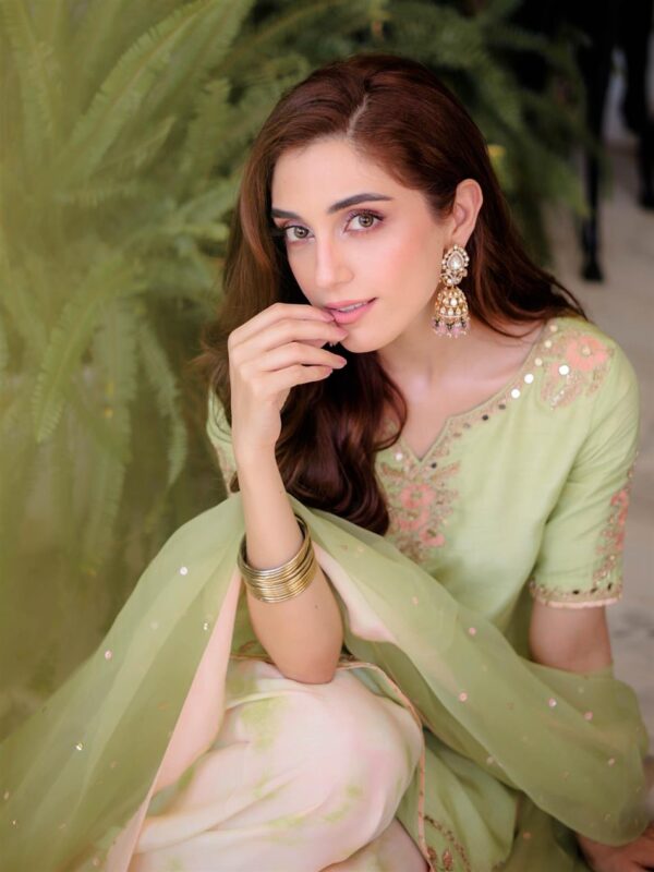 Buy Natural Crepe Embroidered Top with Farshi Palazzo & Organza Dupatta Set - Image 6