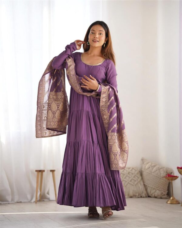 Shop Pink Romansilk Chanderi Anarkali Set with Banarasi Dupatta - Image 6