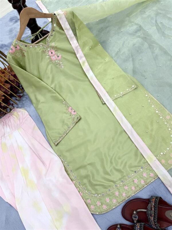 Buy Natural Crepe Embroidered Top with Farshi Palazzo & Organza Dupatta Set - Image 10