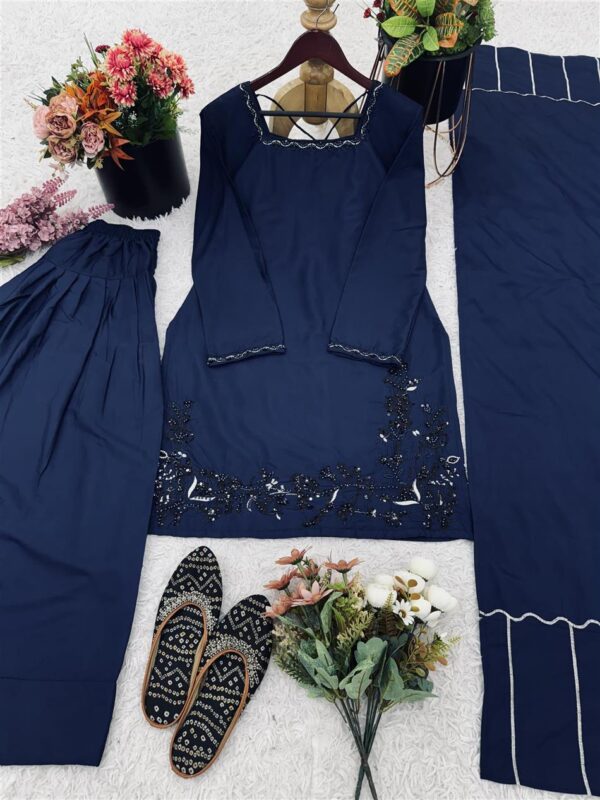 Shop Natural Crepe Silk Embroidered Suit Set with Farshi Pant & Dupatta - Image 16