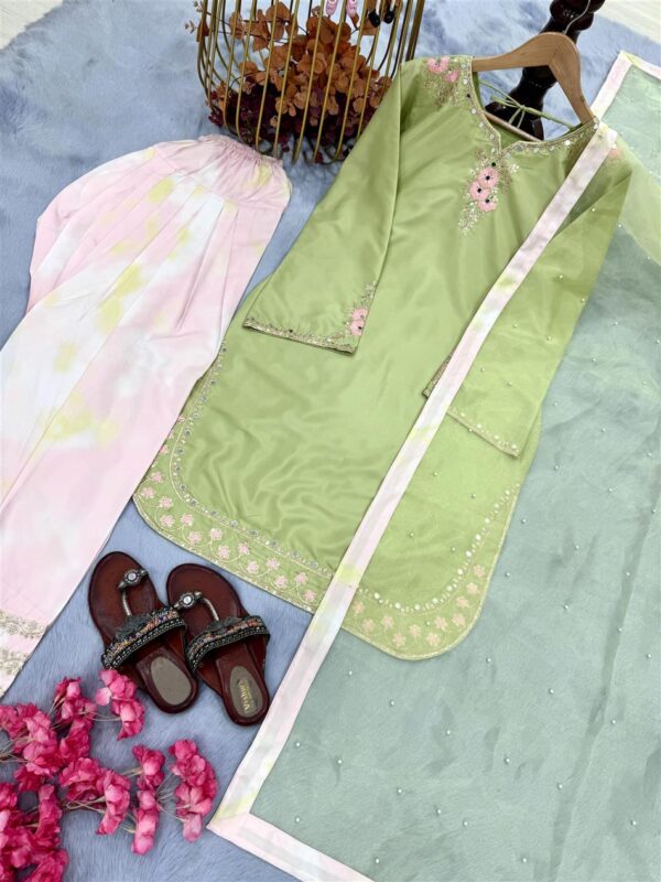 Buy Natural Crepe Embroidered Top with Farshi Palazzo & Organza Dupatta Set - Image 9
