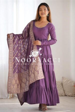 Shop Pink Romansilk Chanderi Anarkali Set with Banarasi Dupatta