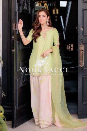 Buy Natural Crepe Embroidered Top with Farshi Palazzo & Organza Dupatta Set