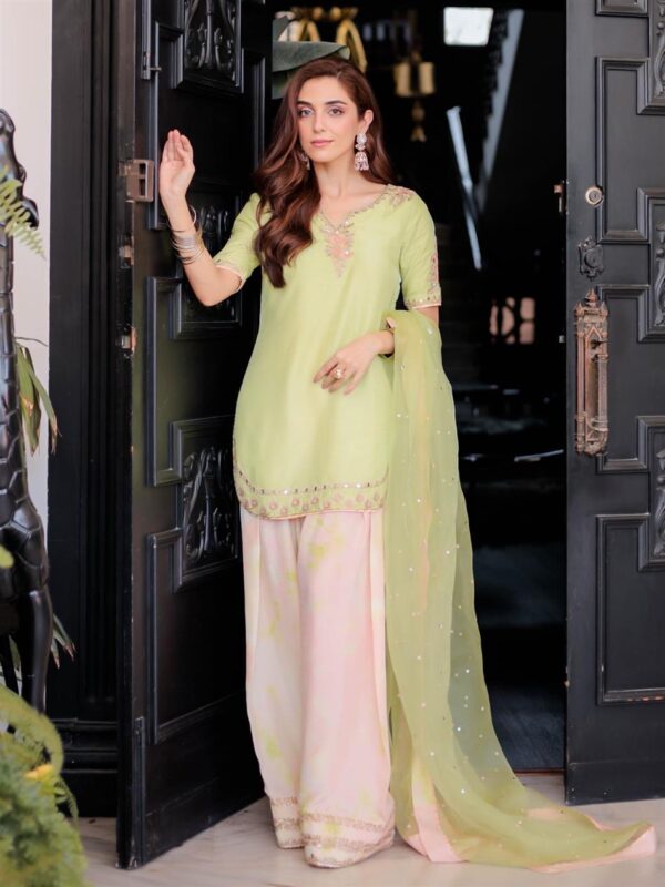 Buy Natural Crepe Embroidered Top with Farshi Palazzo & Organza Dupatta Set