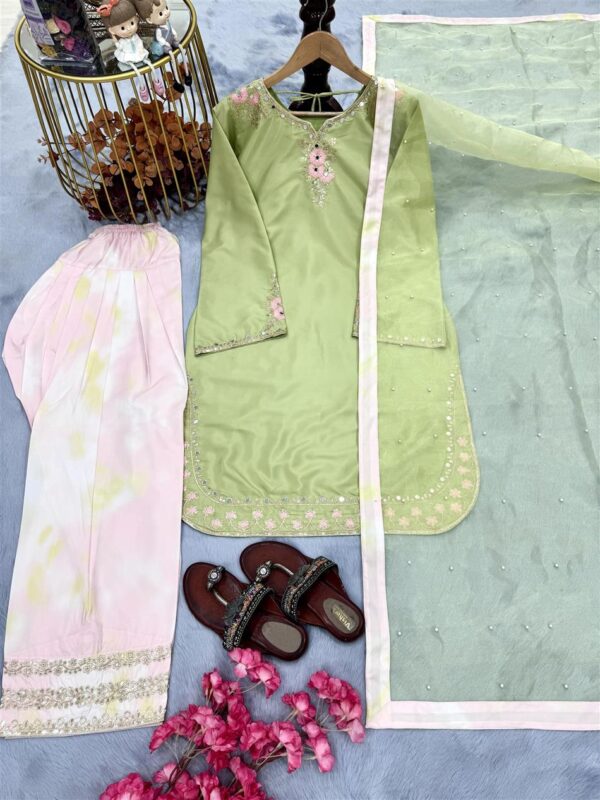 Buy Natural Crepe Embroidered Top with Farshi Palazzo & Organza Dupatta Set - Image 8