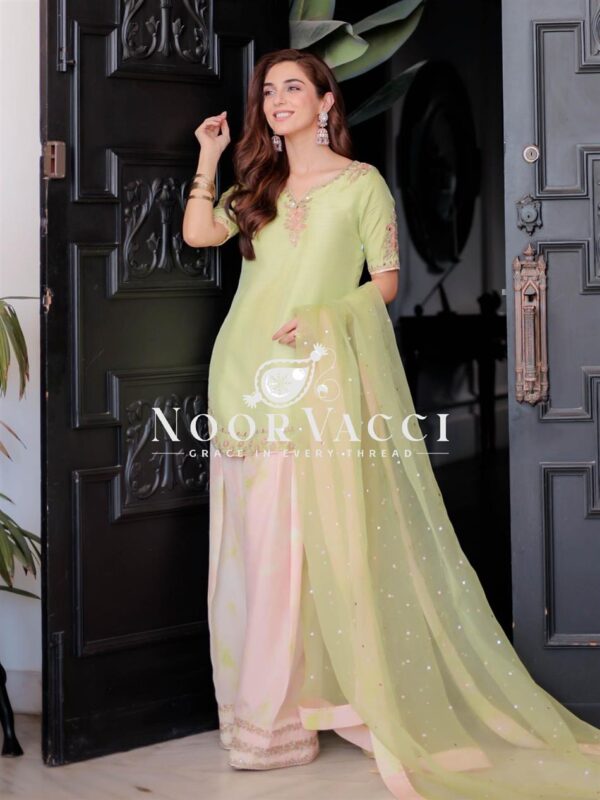 Buy Natural Crepe Embroidered Top with Farshi Palazzo & Organza Dupatta Set - Image 2