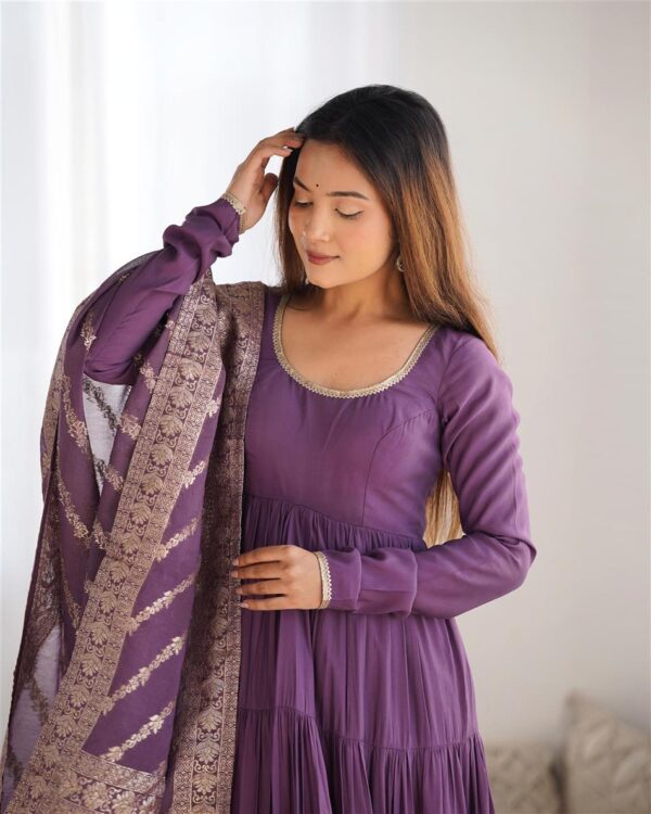 Shop Pink Romansilk Chanderi Anarkali Set with Banarasi Dupatta - Image 7