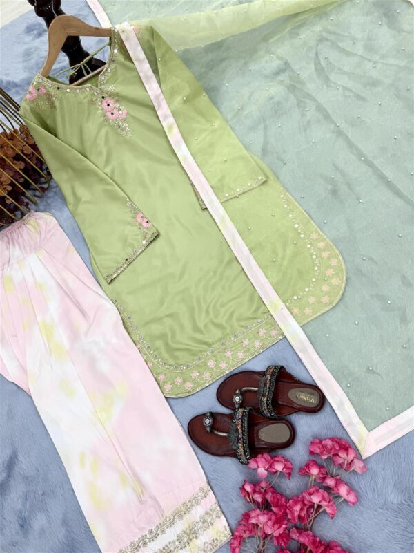 Buy Natural Crepe Embroidered Top with Farshi Palazzo & Organza Dupatta Set - Image 7