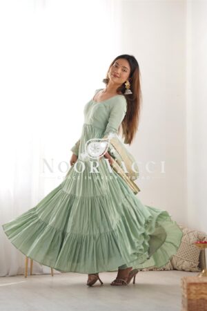 Shop Romansilk Chanderi Anarkali Set with Banarasi Dupatta