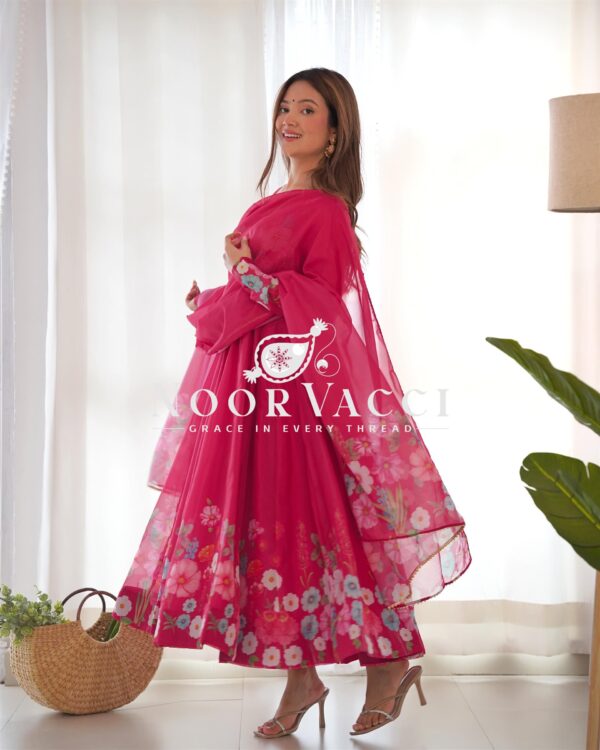 Shop Black Floral Organza Anarkali Suit Set with Dupatta and Pant - Image 5