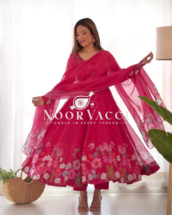 Shop Black Floral Organza Anarkali Suit Set with Dupatta and Pant