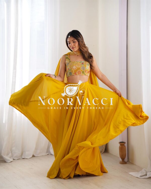 Shop Fox Georgette Embroidered Lehenga Choli Set with Neck Belt Dupatta - Image 3