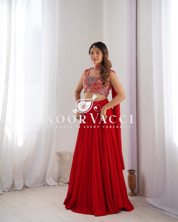 Shop Fox Georgette Embroidered Lehenga Choli Set with Neck Belt Dupatta - Image 4