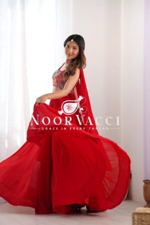 Shop Fox Georgette Embroidered Lehenga Choli Set with Neck Belt Dupatta