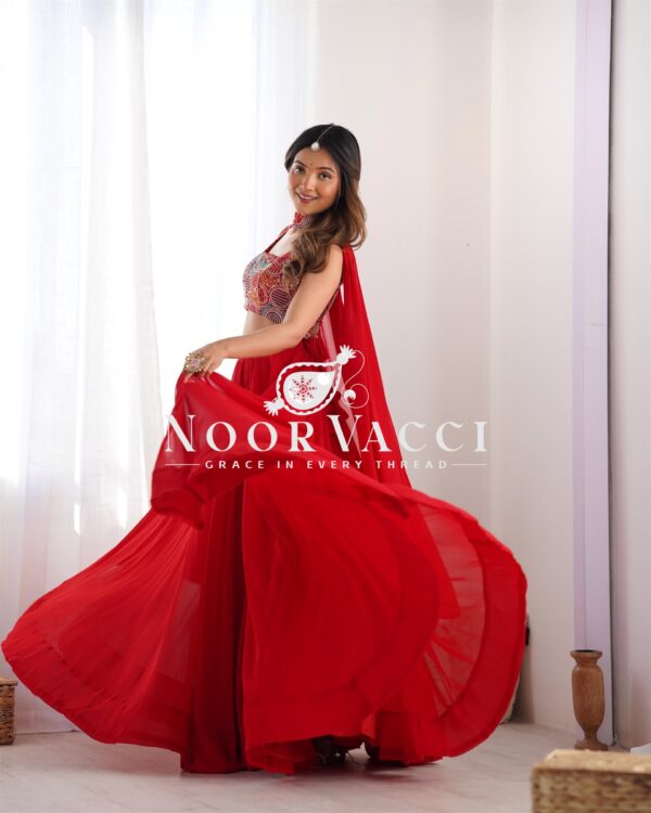 Shop Fox Georgette Embroidered Lehenga Choli Set with Neck Belt Dupatta