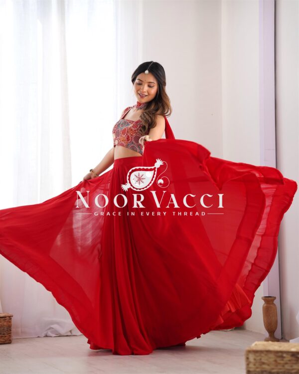 Shop Fox Georgette Embroidered Lehenga Choli Set with Neck Belt Dupatta - Image 2