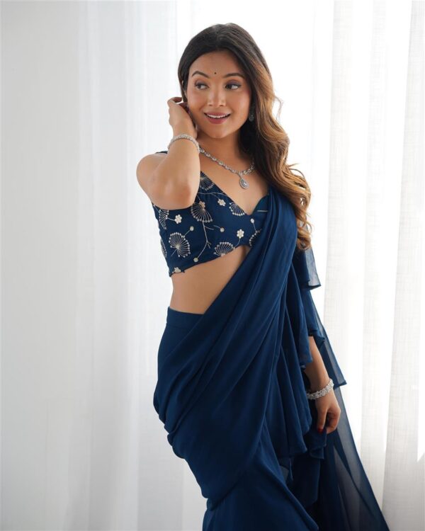 Shop Teal Blue Ready to Wear Sharara Saree with Embroidered Blouse - Image 6