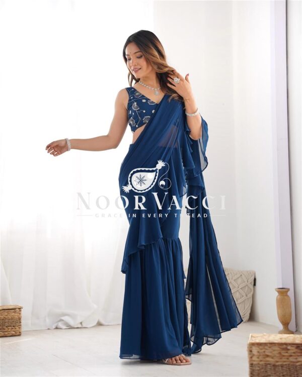 Shop Teal Blue Ready to Wear Sharara Saree with Embroidered Blouse - Image 7