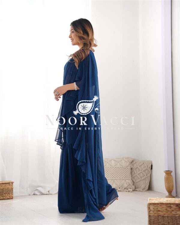 Shop Teal Blue Ready to Wear Sharara Saree with Embroidered Blouse - Image 3