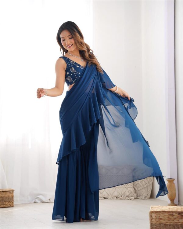 Shop Teal Blue Ready to Wear Sharara Saree with Embroidered Blouse - Image 4