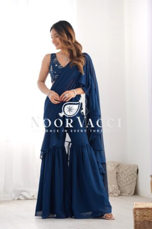 Shop Teal Blue Ready to Wear Sharara Saree with Embroidered Blouse